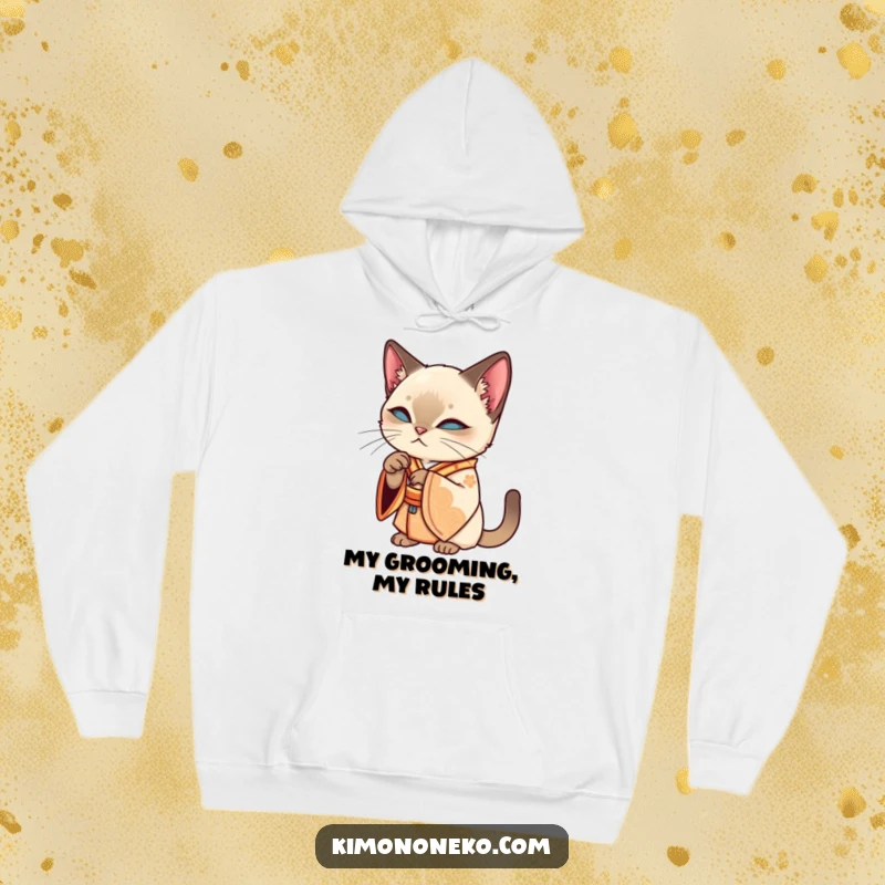 Funny Siamese kawaii cat in an ornate kimono, grooming its paw, on a comfortable and funny hoodie, a stylish gift.