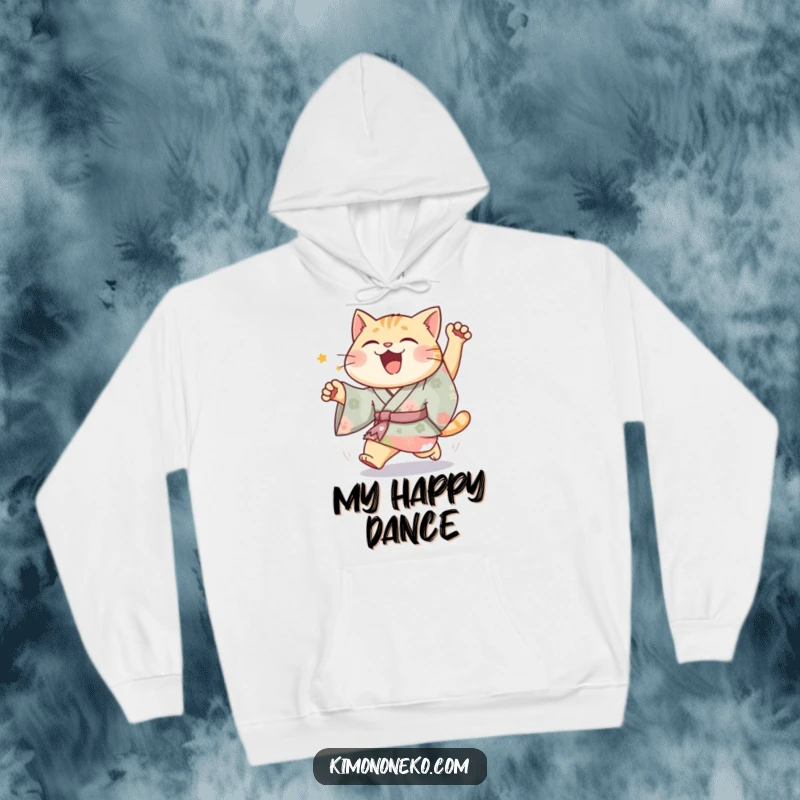 Funny Joyful Cat Kimono Hoodie depicting a happy cat in vibrant kimono in a silly chase, perfect for cozy, humorous wear.