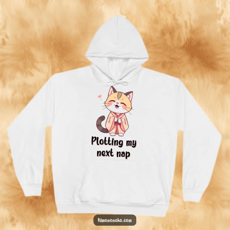 Funny Kawaii cat in an elegant kimono, sharing a secret giggle, soft fleece for warm, humorous relaxation.