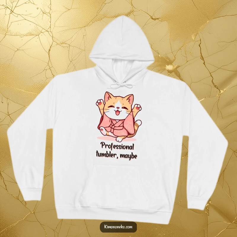 Funny Kawaii cat in a whimsical kimono doing a clumsy somersault, warm hooded sweatshirt, playful design.