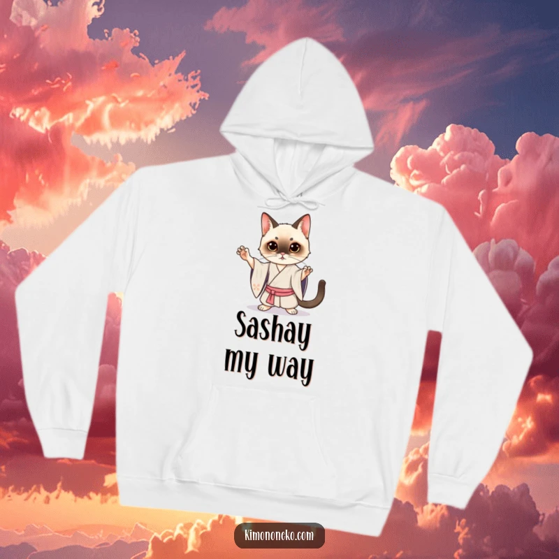 Funny Siamese Cat Kimono Hoodie: Cozy hoodie featuring a Kawaii Siamese cat in a dramatic silk kimono pose, excellent for gifts.