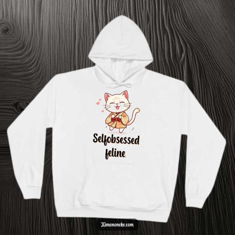 Funny hoodie showing a mischievous cat in a traditional kimono stuck in a comical, dizzying loop chasing its tail.