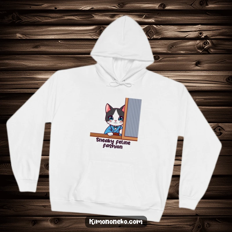 Funny curious kawaii tuxedo cat in a blue kimono, peeking from behind a screen, on a warm hoodie.
