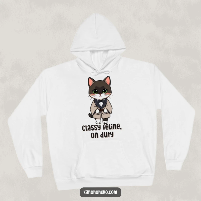 Funny Tuxedo Cat Hoodie featuring a sophisticated cat in a formal kimono, perfect for staying warm and looking sharp.