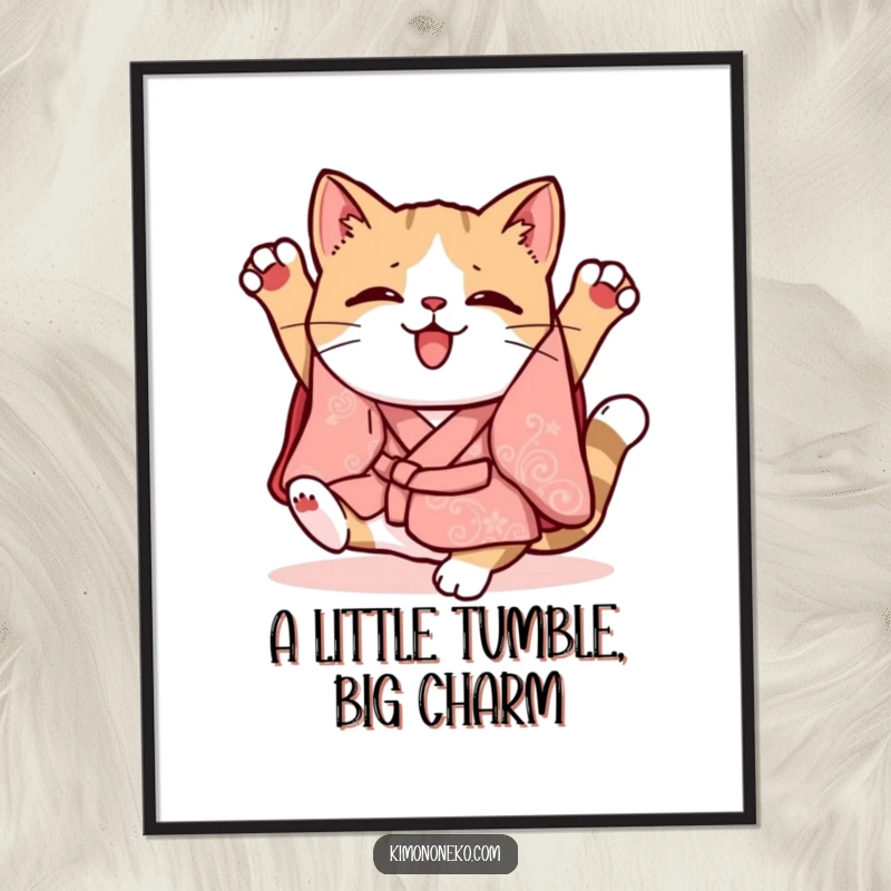 Funny Free Printable Wall Art: Kawaii cat in a whimsical kimono executes a clumsy somersault, a dynamic and amusing piece.