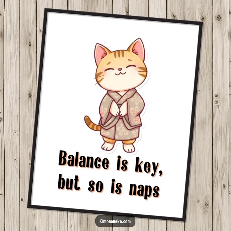 Funny Free Printable Wall Art: A Kawaii tabby cat in a patterned kimono, triumphantly balancing on its hind legs.