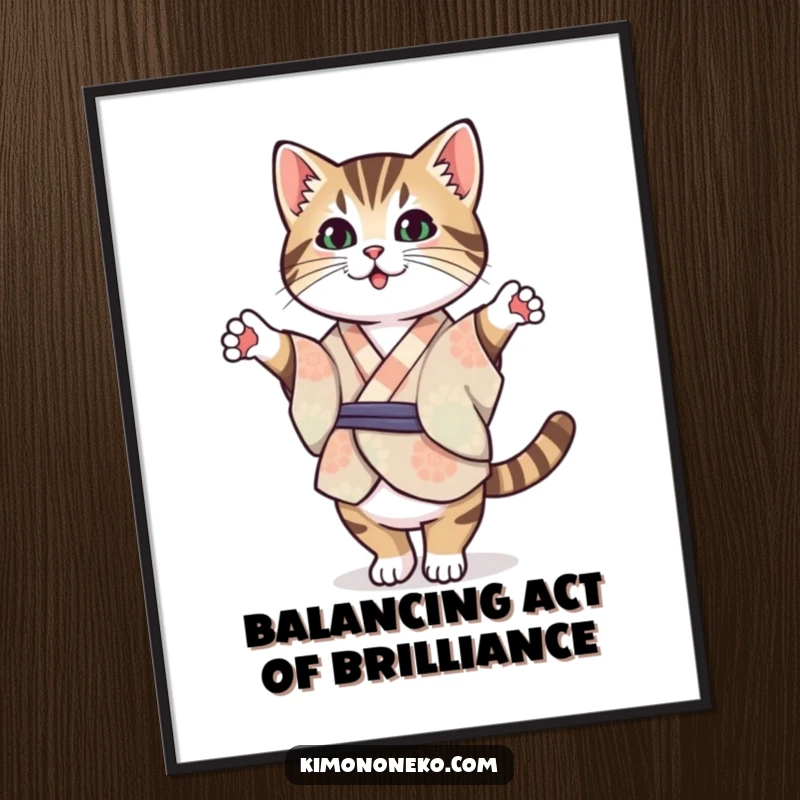 Funny Free Printable Wall Art of a Kawaii tabby cat in a patterned kimono, balancing gracefully on its hind legs.