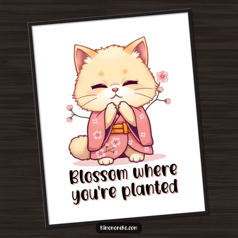 Funny Free Printable Cat Wall Art featuring a fluffy cat in a cherry blossom kimono, posing in an elegant, respectful bow.