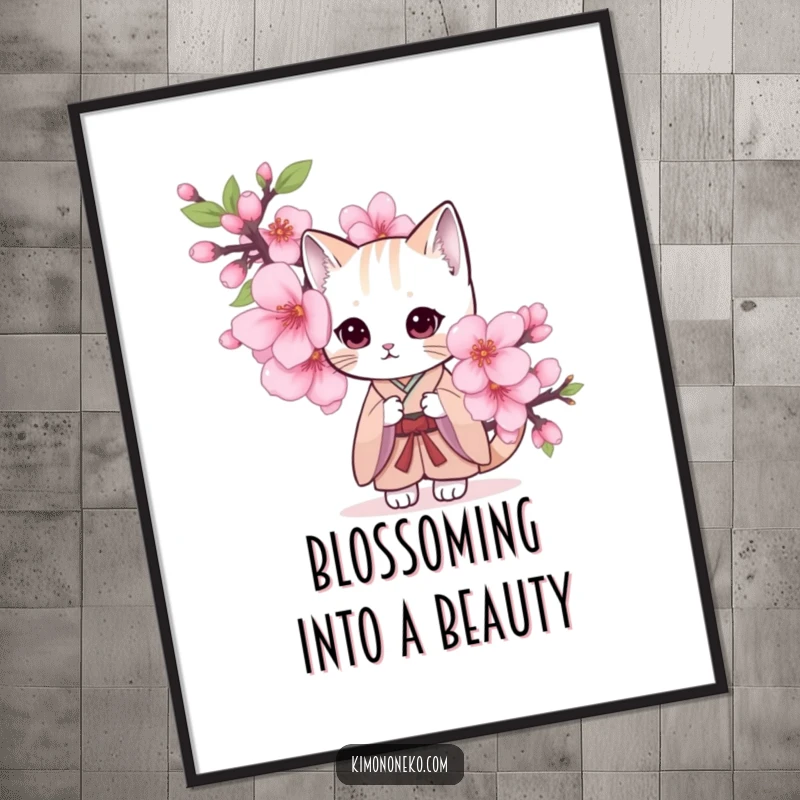 Funny Free Printable Wall Art: a shy cat in a simple kimono peeking from behind a large cherry blossom, adding gentle humor to decor.