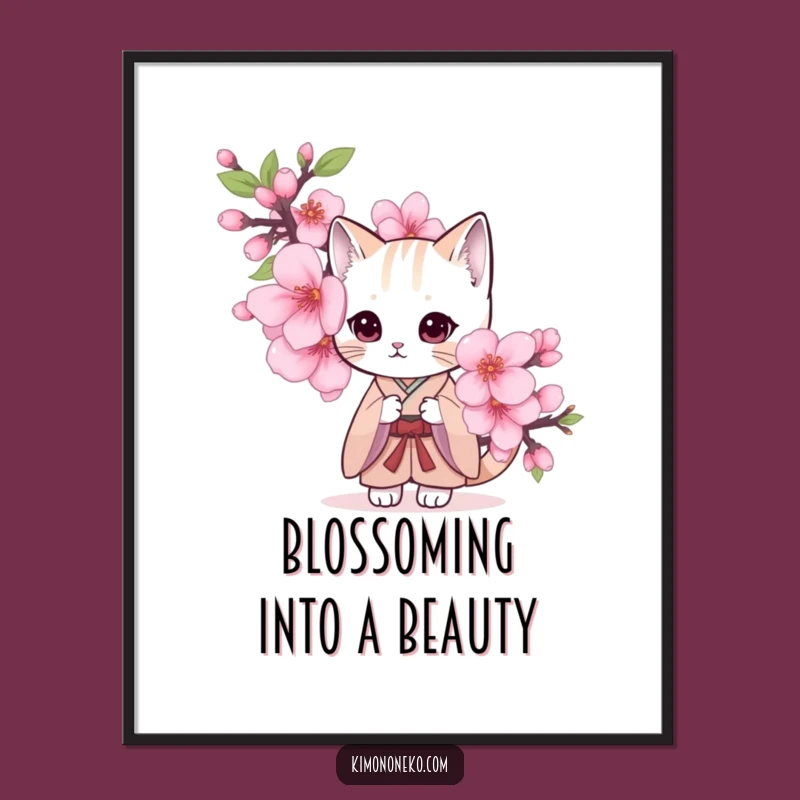 Free Printable Wall Art: Shy Cat Kimono Cherry Blossom Funny Downloadable Art