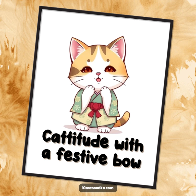 Funny free printable wall art of a cute Kawaii calico cat in a festive kimono, bowing elegantly.