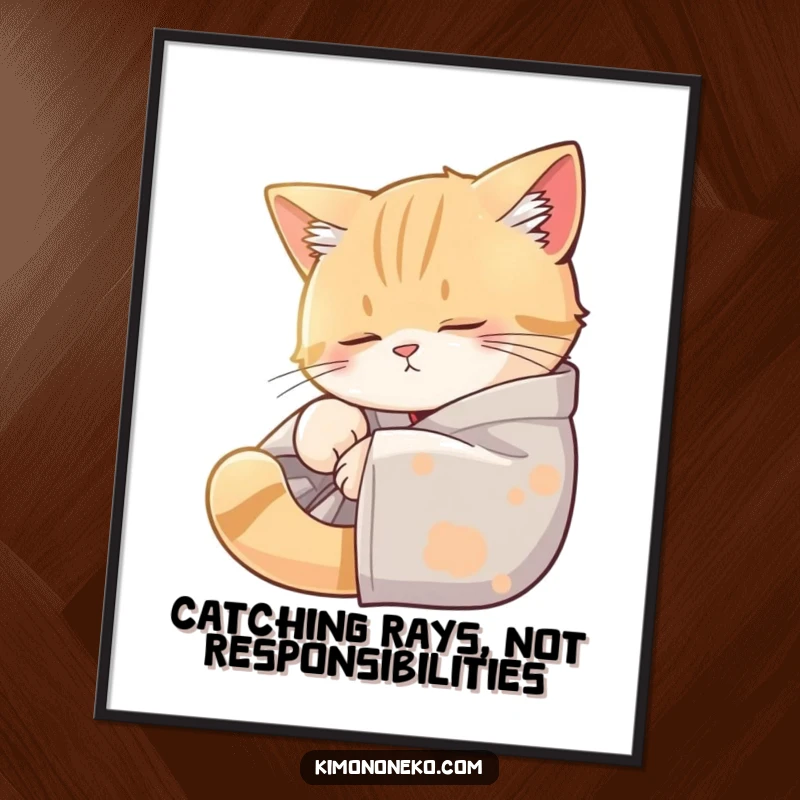 Funny Free Printable Wall Art: A sleepy cat in a kimono enjoys a sunbeam nap, creating a cozy and humorous atmosphere.