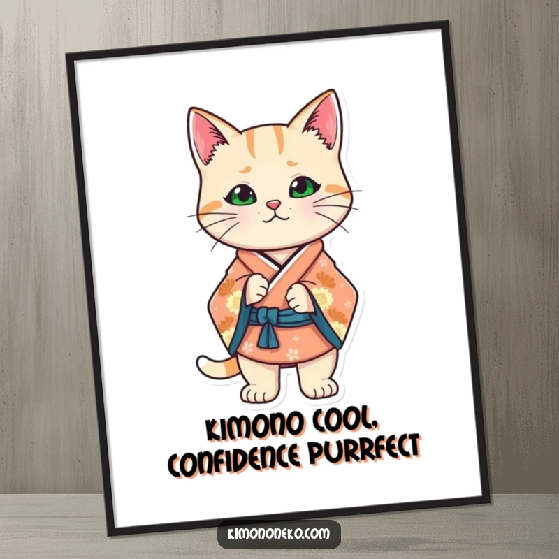 Funny Free Printable Wall Art: Kawaii stylized cat in a kimono striking a super confident, unshakeable stance.
