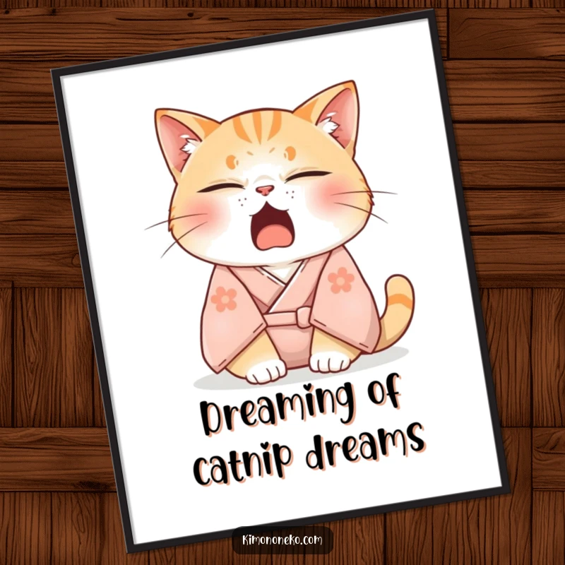 Funny Free Printable Wall Art of a sleepy cat in a soft kimono, yawning adorably with eyes half-closed.