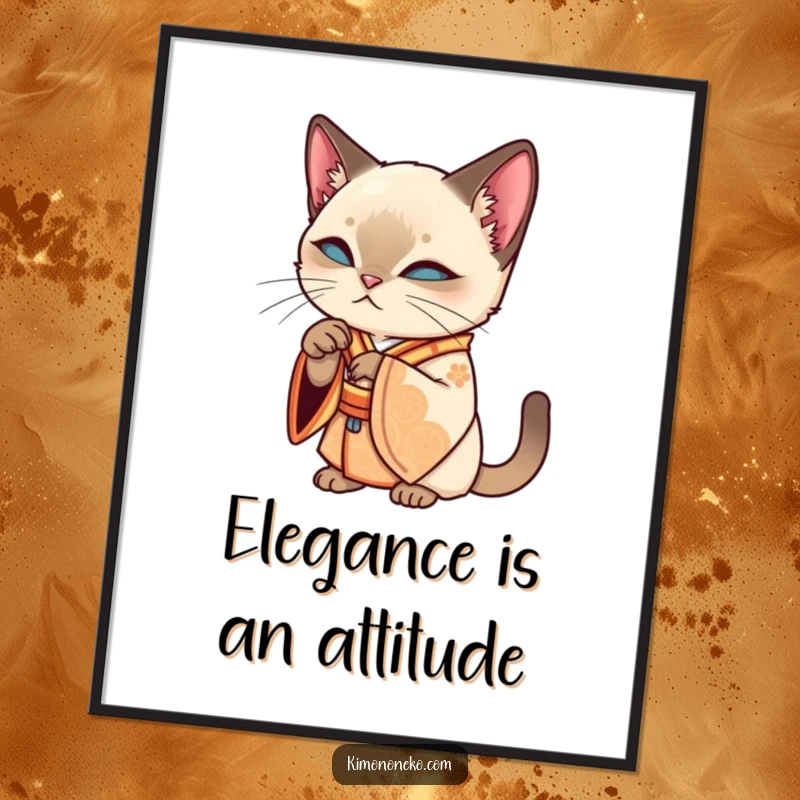 Funny Free Printable Wall Art featuring an elegant Siamese kawaii cat in an ornate kimono grooming its paw with sophisticated charm.