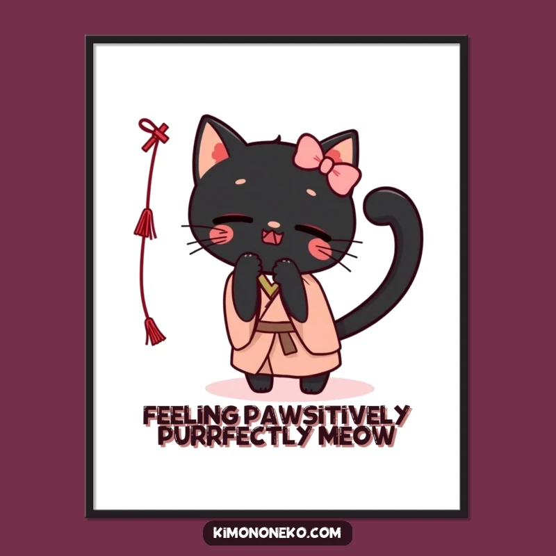 Free Printable Wall Art: Funny Kawaii Black Cat Kimono Batting String, Downloadable Decor