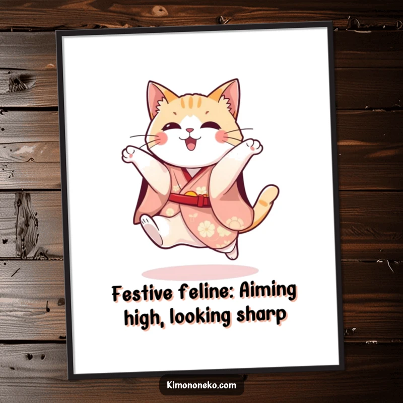 Funny Free Printable Wall Art: Playful cat in a festive kimono captured mid-jump, full of action and humor.