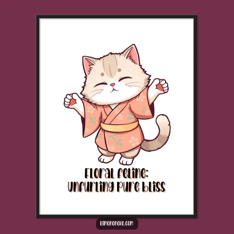 Funny Free Printable Wall Art: Cat Yoga in Floral Kimono - Downloadable Poster