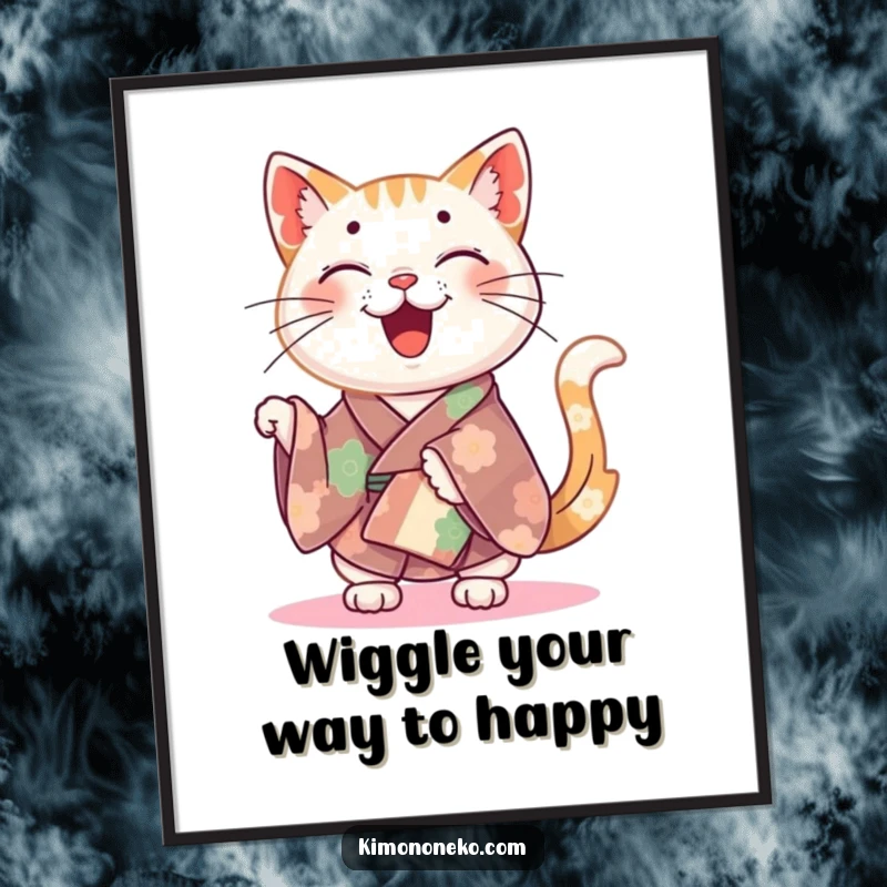Funny Free Printable Wall Art: A happy cat in a colorful kimono wiggles its tail with infectious glee.