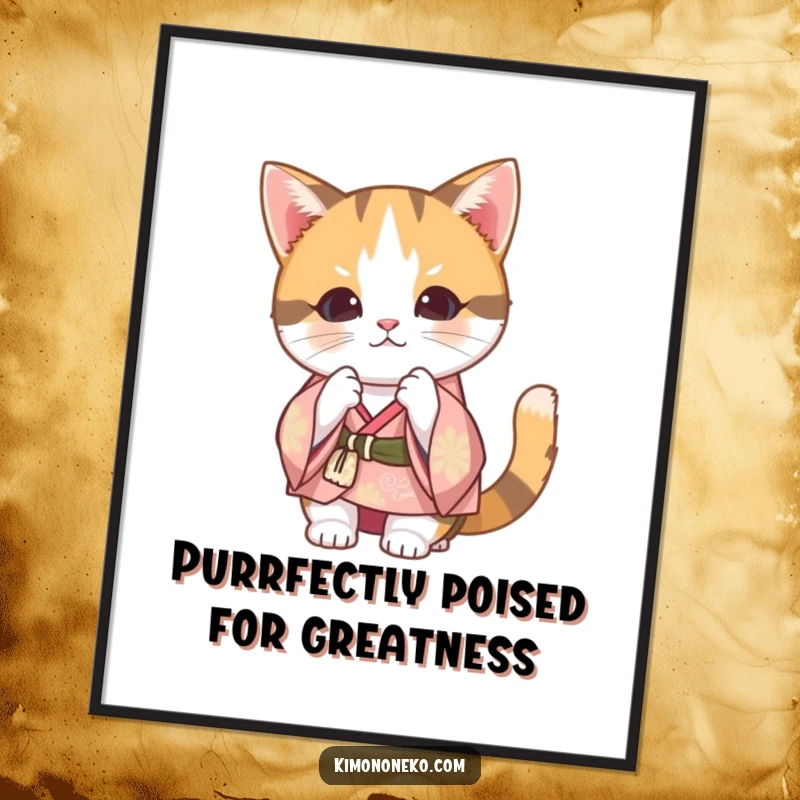 Funny Free Printable Wall Art of a Kawaii calico cat in a festive kimono, bowing politely with a charming expression.