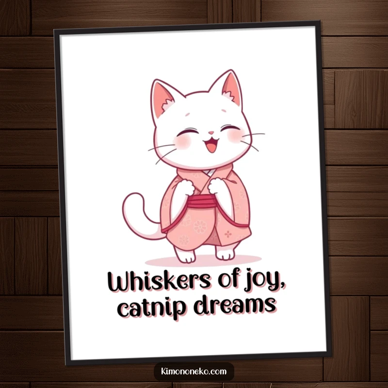 Funny Free Printable Wall Art: Giggling kawaii white cat in a pink kimono chasing its own tail.