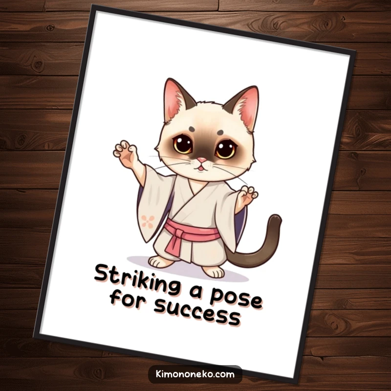 Funny Free Printable Wall Art of a Kawaii Siamese cat in a silk kimono, striking a bold and dramatic pose.