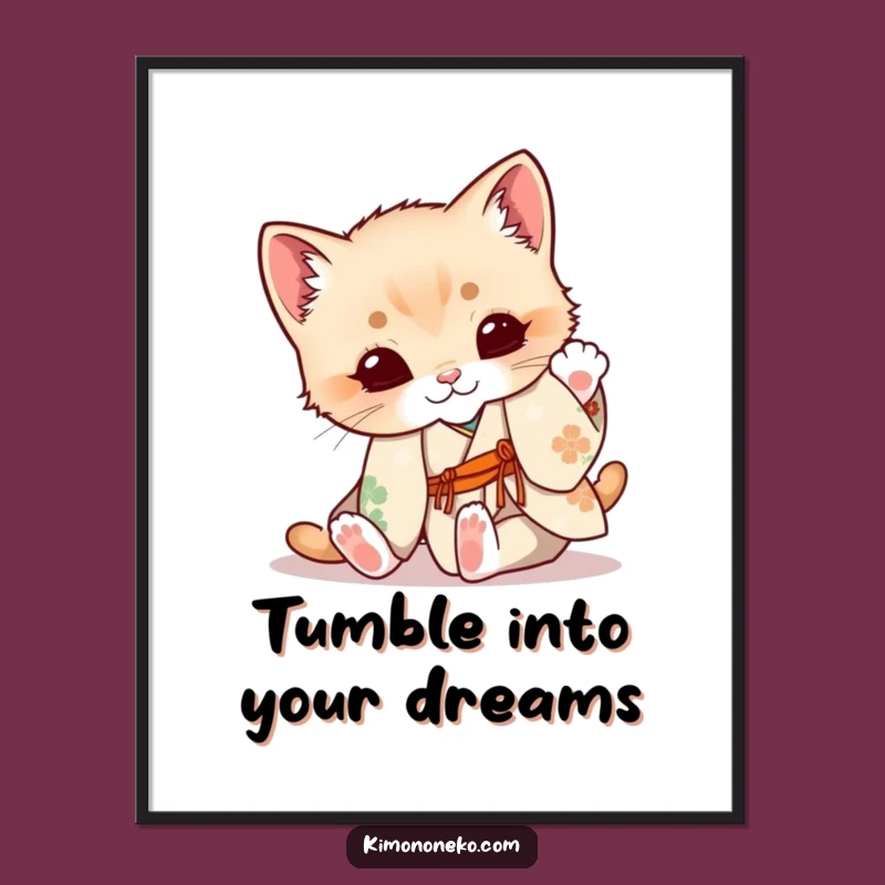 Free Printable Kitten Wall Art: Tumbling Floral Kimono - Cute Downloadable Decor