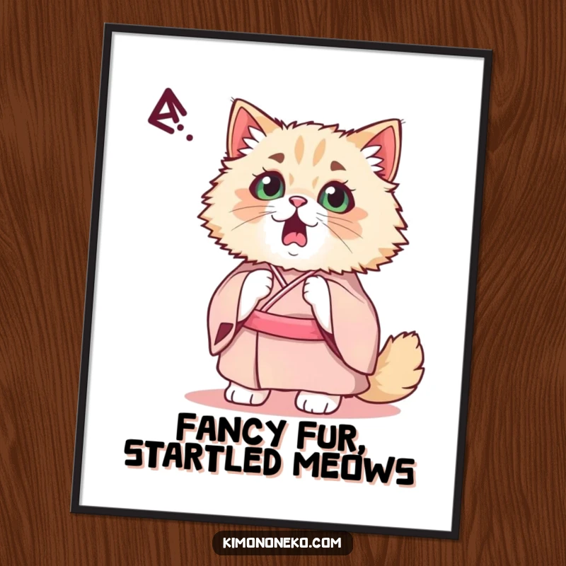 Funny Free Printable Wall Art: Startled kawaii Persian cat in a fancy kimono reacting to a loud noise.