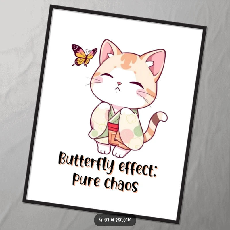 Funny Free Printable Wall Art: Playful cat in a kimono joyfully bats at a butterfly, capturing a moment of pure fun.