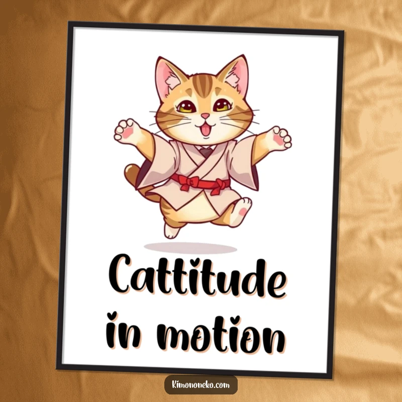 Funny Free Printable Wall Art: Tabby cat in a formal, elegant kimono executing a dynamic, graceful leap, paws outstretched.