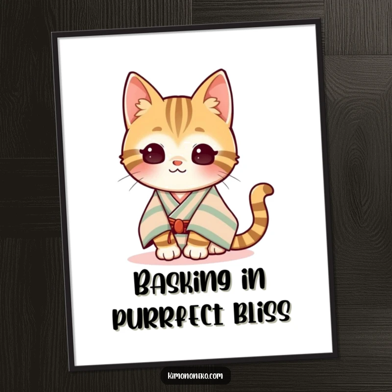 Funny Free Printable Wall Art: Content kawaii tabby cat in a striped kimono enjoying warm sunshine.