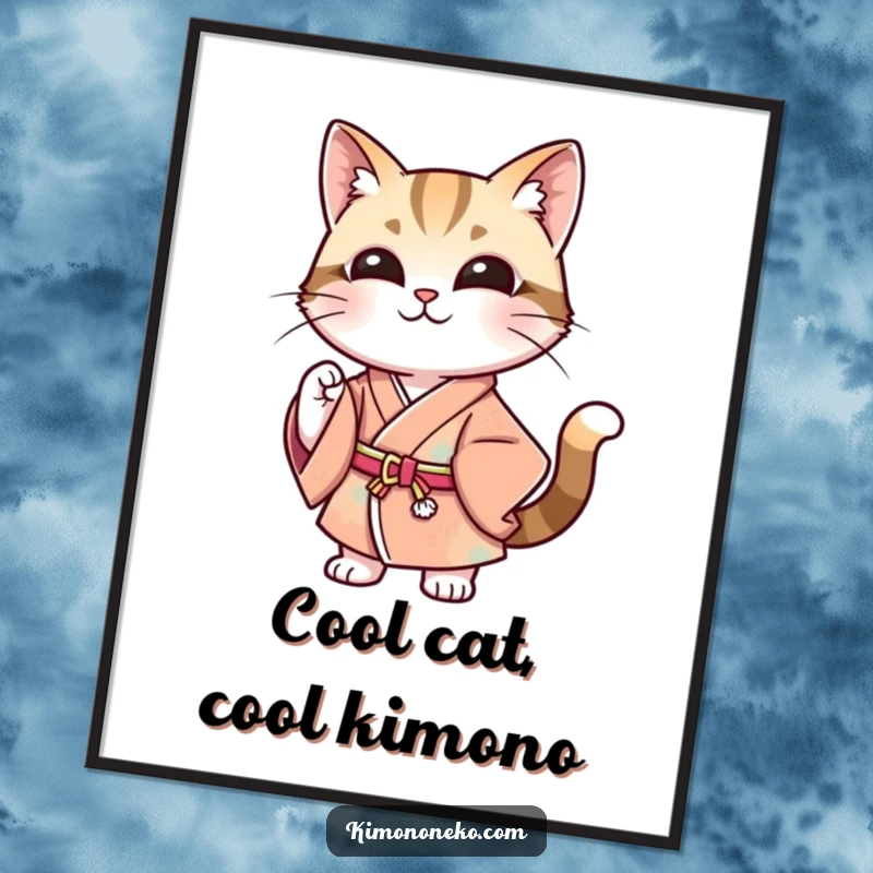 Funny Free Printable Wall Art of a stylish cat in a modern kimono, striking a confident pose with a smile.