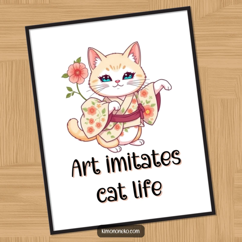 Funny Free Printable Wall Art: an artistic cat in a floral kimono stretching regally, adding sophisticated humor to any room.