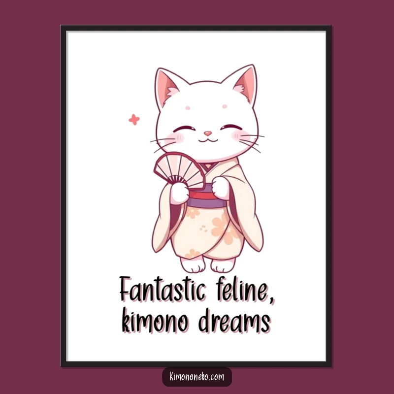 Free Printable White Cat Wall Art: Kimono Fan Humor Downloadable Decor