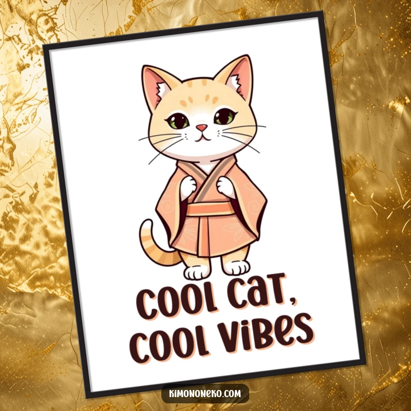 Funny Free Printable Wall Art: Kawaii cat in a stylized kimono strikes a proud and confident pose, an artful statement.