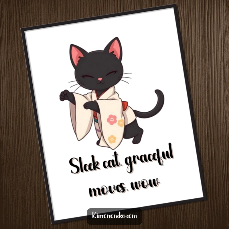 Funny Free Printable Wall Art: A sleek black kawaii cat wearing a traditional kimono stretches elegantly.