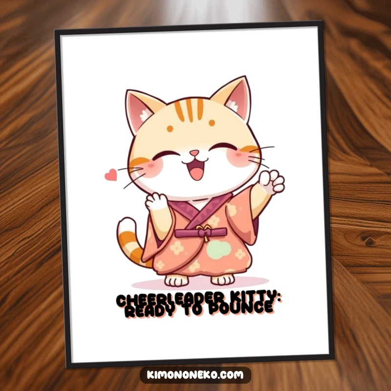 Funny Free Printable Wall Art: A Kawaii cat in a kimono gives a spirited cheer, full of life and playful energy.