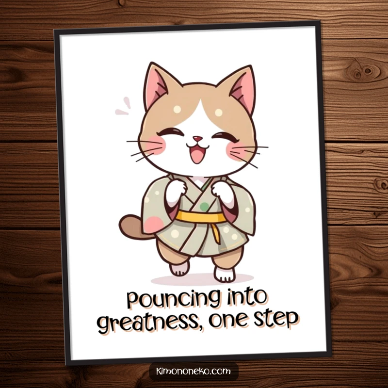 Funny Free Printable Wall Art: A Kawaii cat in a kimono is captured mid-playful pounce, showcasing its agility and fun.