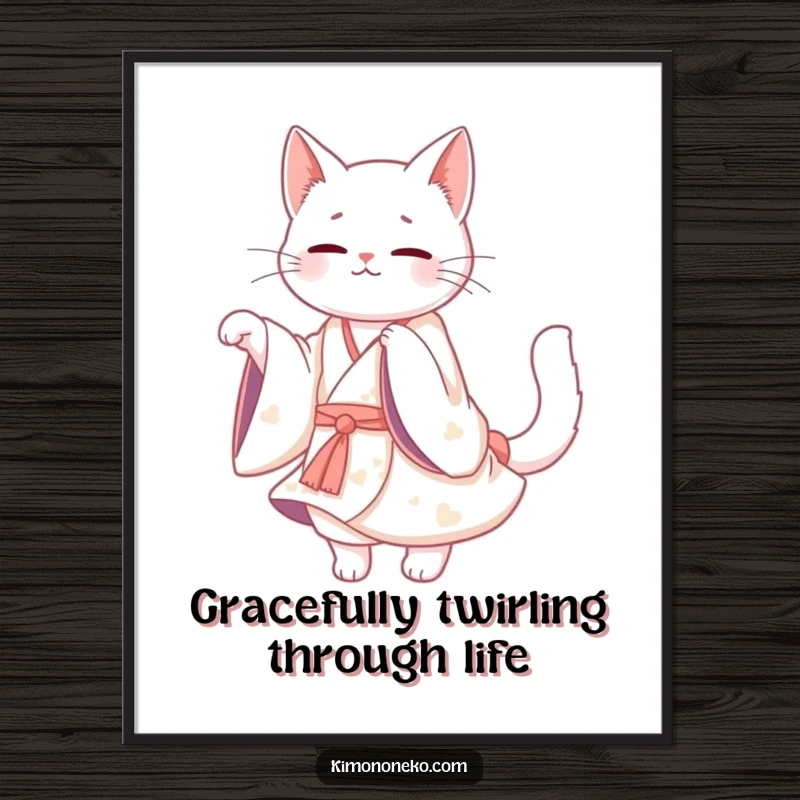 Funny Free Printable Wall Art of a Kawaii white cat in a flowing kimono, gracefully twirling with whimsical charm.