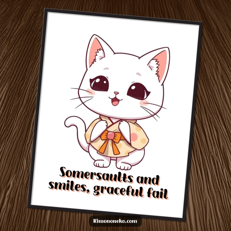 Funny Free Printable Wall Art: Kawaii stylized cat in a whimsical kimono doing a dramatically clumsy somersault.