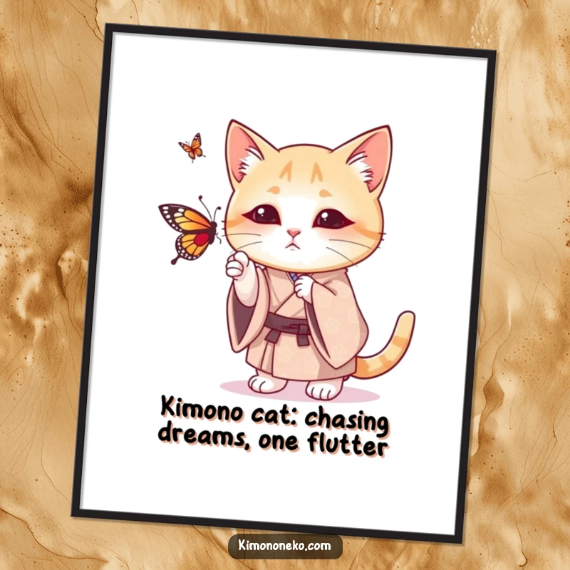 Funny Free Printable Wall Art: Playful cat in a patterned kimono joyfully batting at a fluttering butterfly.
