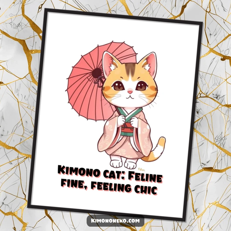 Funny Free Printable Wall Art: Stylish calico cat in a kimono holding a parasol, a chic and humorous art piece.