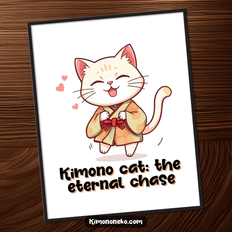 Funny Free Printable Wall Art: Mischievous cat in a traditional kimono energetically chasing its own tail.