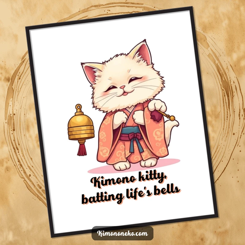Funny Free Printable Wall Art: A fluffy kawaii cat dressed in a kimono playfully bats at a bell.