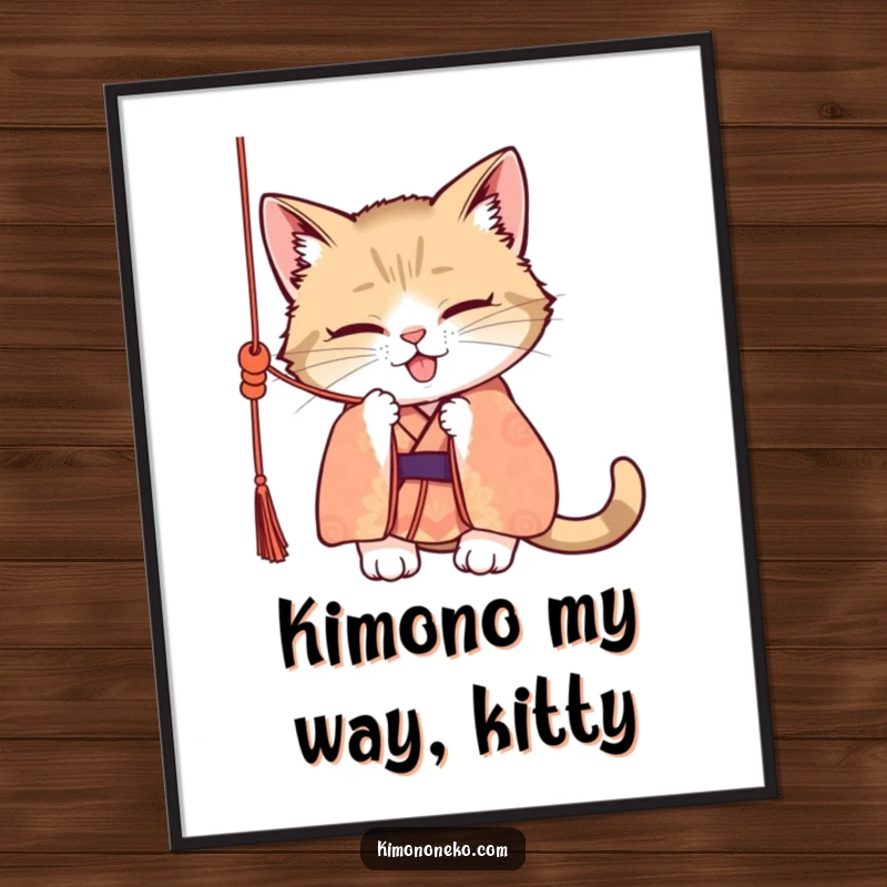 Funny Free Printable Wall Art of a mischievous cat in a patterned kimono, batting playfully at a dangling silk cord.