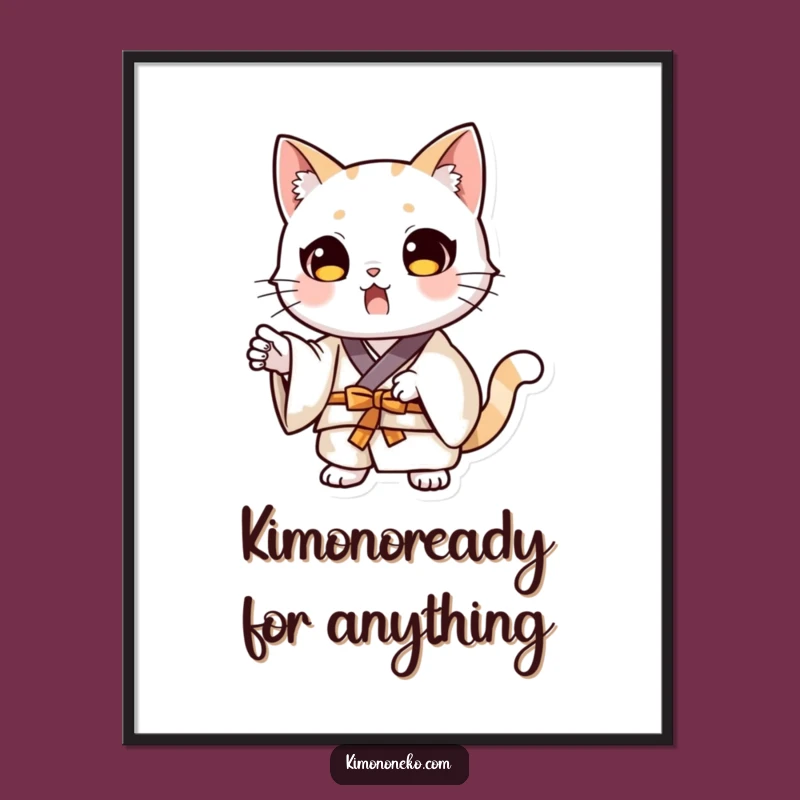Free Printable Wall Art: Dramatic Cat Kimono Pose, Humorous Downloadable Decor for a Playful Space