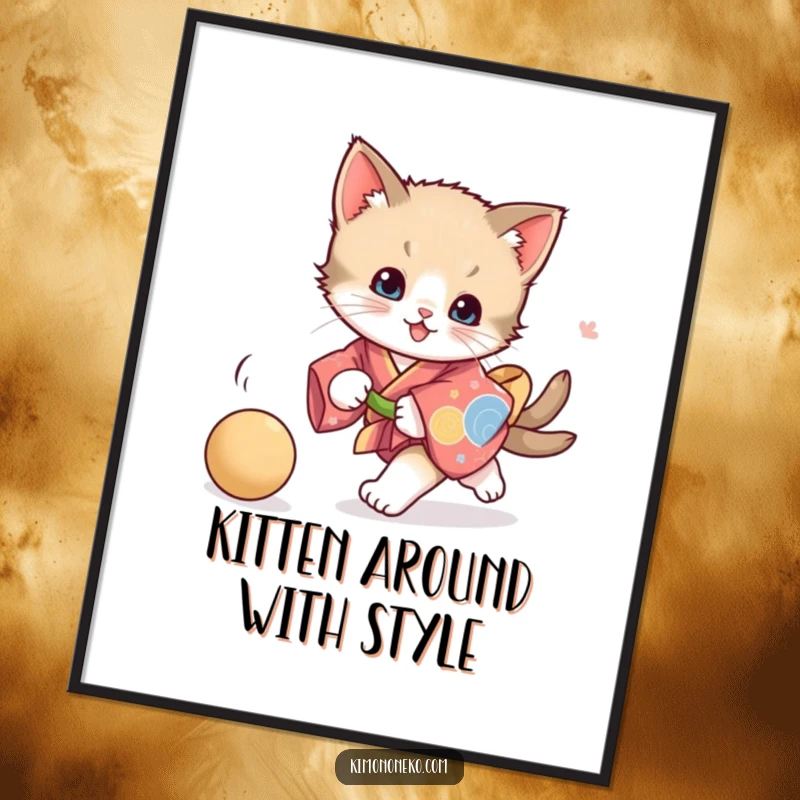 Funny Free Printable Kitten Wall Art of a playful kitten in a vibrant kimono, energetically chasing after a ball.