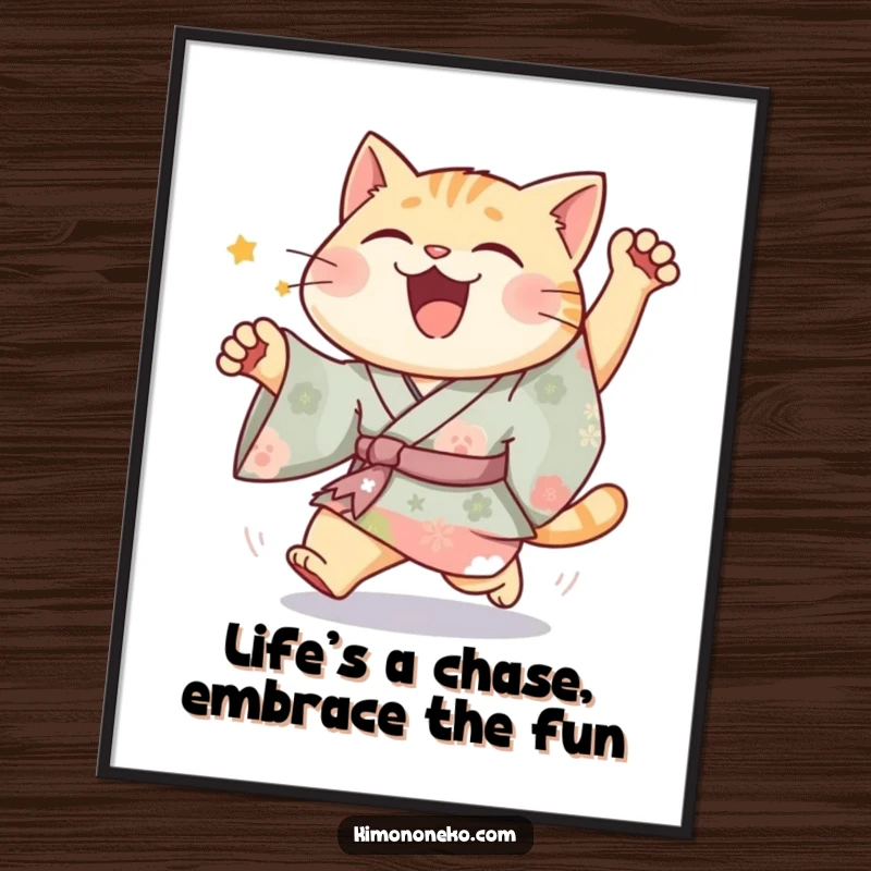 Funny Free Printable Wall Art: A joyful cat in a vibrant kimono is captured mid-silly chase, full of glee.