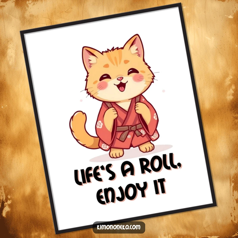 Funny Free Printable Wall Art: A ginger cat in a casual kimono does a delighted, happy roll.
