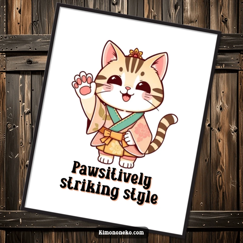 Funny Free Printable Wall Art: A striped cat in a festive kimono waves a paw in a friendly greeting.